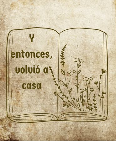 Ilustración de un libro abierto que acompaña el cuento “Y entonces volvió a casa”, sobre volver a uno mismo, descanso interior y calma.